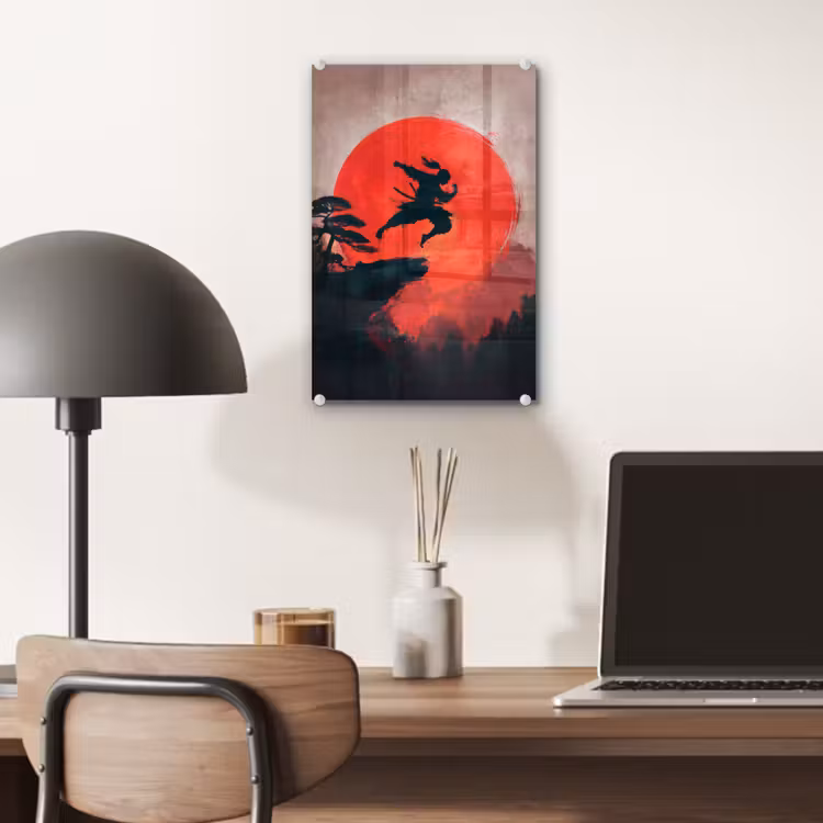 Glas schilderij - Zon - Krijger - Bomen - Bergen — 7