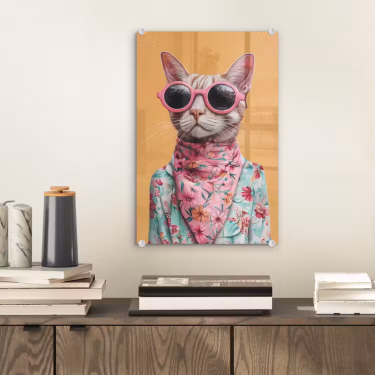 Glas schilderij - Zonnebril - Kat - Sjaal - Bloemen — 2