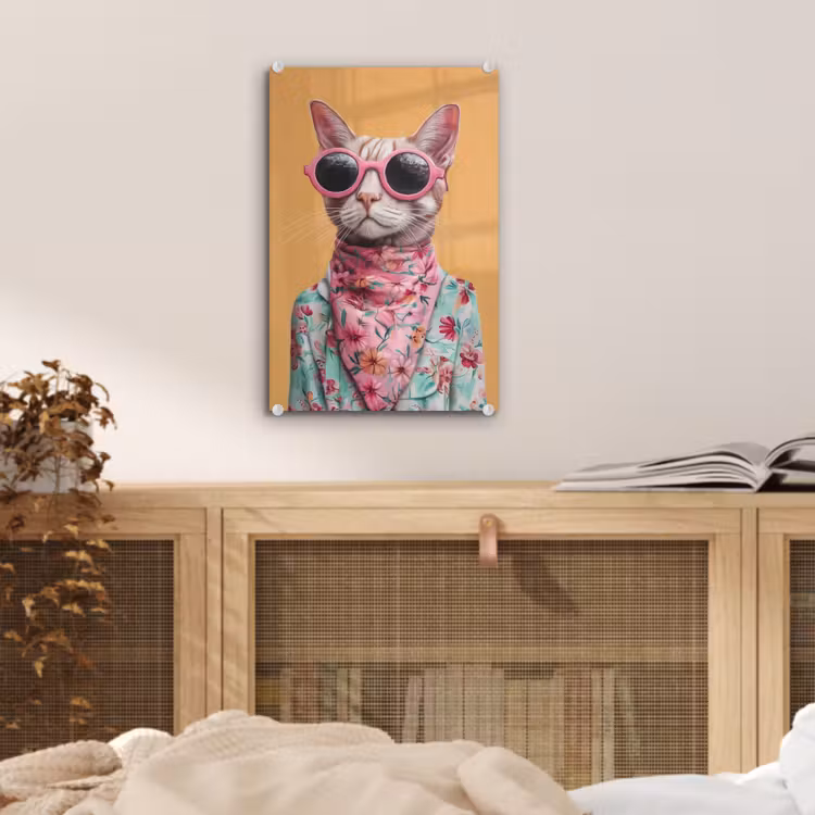 Glas schilderij - Zonnebril - Kat - Sjaal - Bloemen — 5