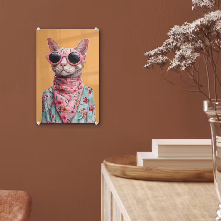 Glas schilderij - Zonnebril - Kat - Sjaal - Bloemen — 6