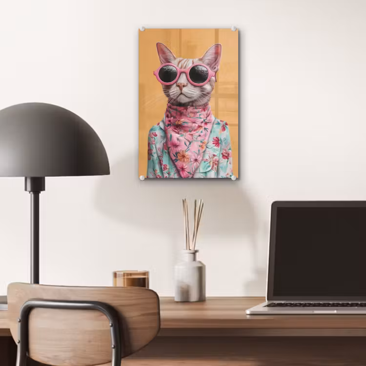 Glas schilderij - Zonnebril - Kat - Sjaal - Bloemen — 7