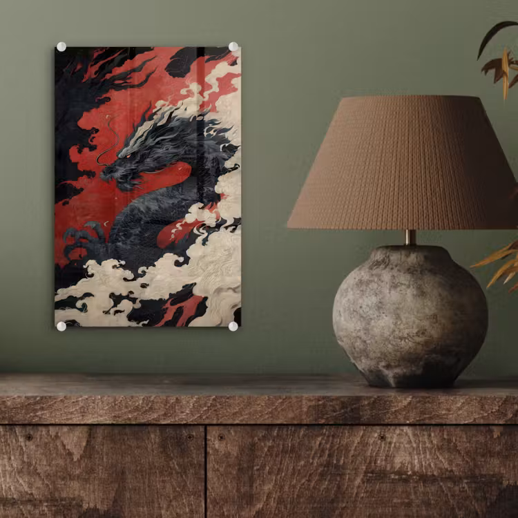 Glas schilderij - Zwarte draak - Rookwolken - Rood — 4
