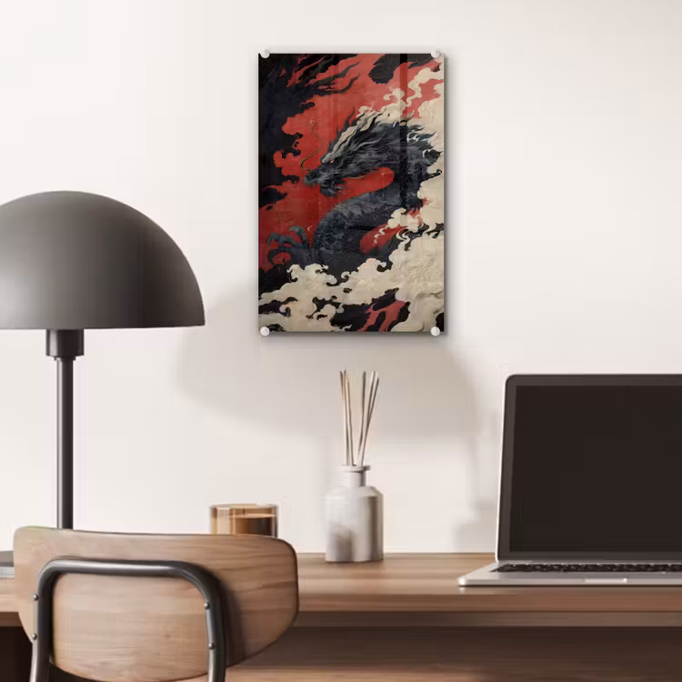 Glas schilderij - Zwarte draak - Rookwolken - Rood — 7