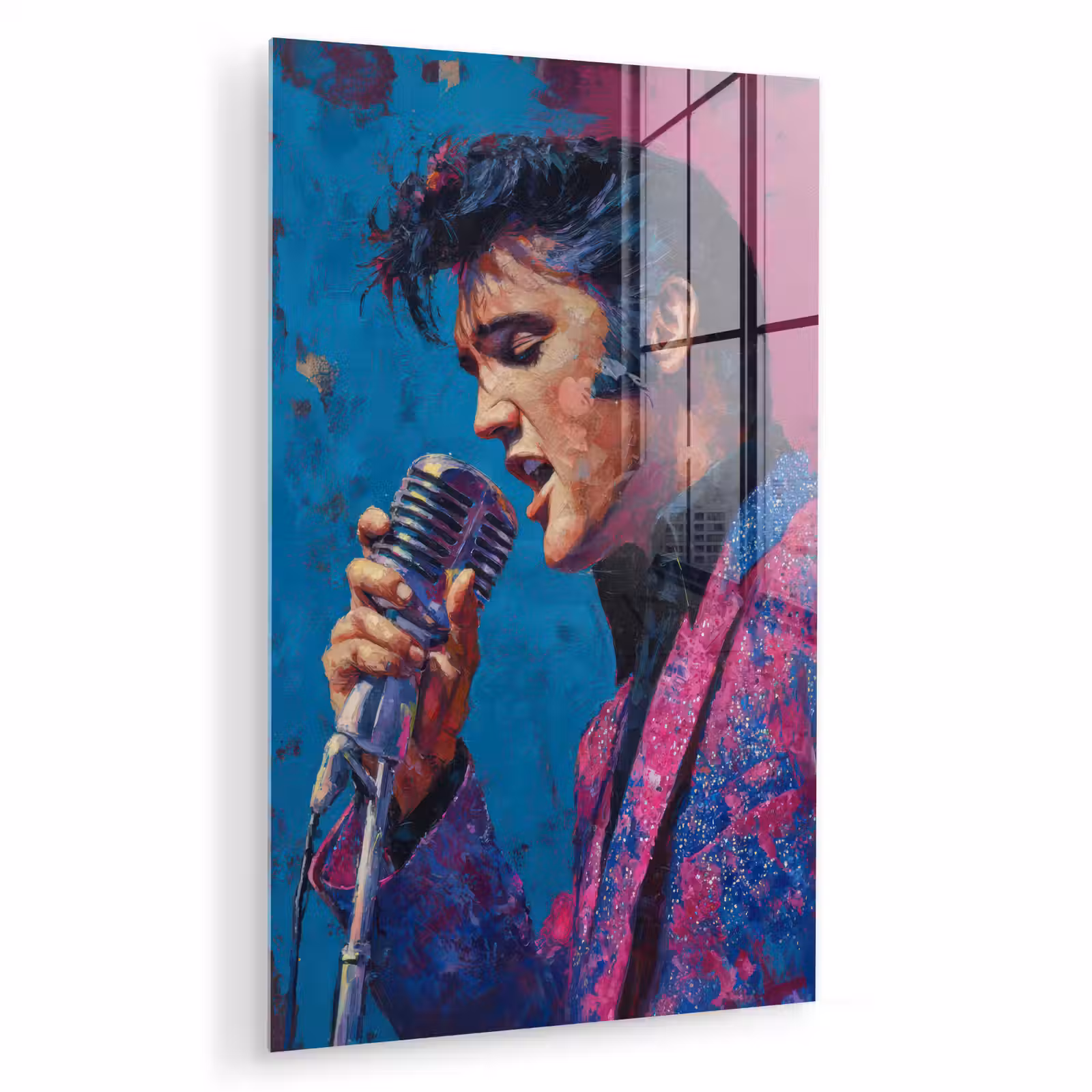 Glas schilderij - Zingende man - Glitterjas - Microfoon — 1