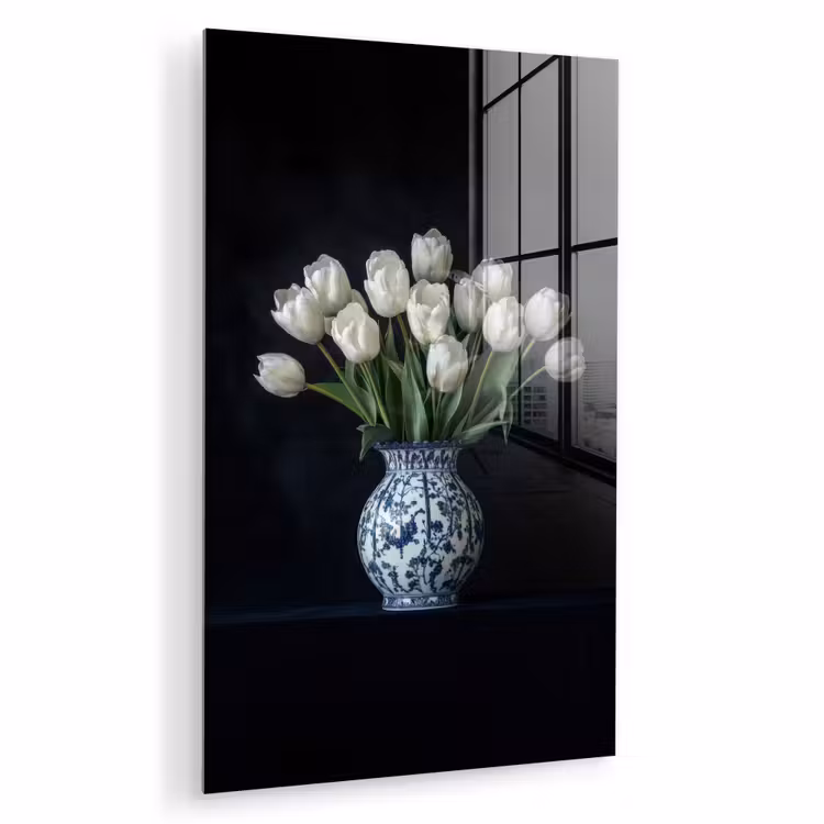 Glas schilderij - Wit - Bloemen - Tulpen - Vaas — 1