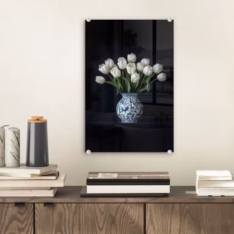 Glas schilderij - Wit - Bloemen - Tulpen - Vaas — 2