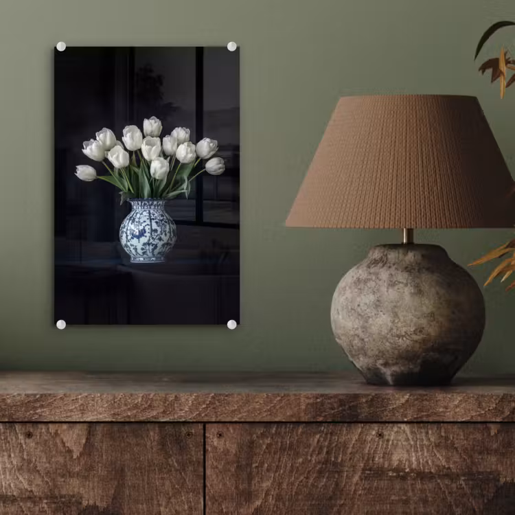 Glas schilderij - Wit - Bloemen - Tulpen - Vaas — 4
