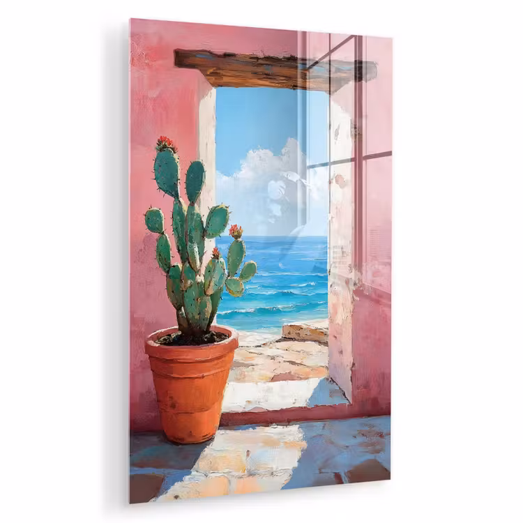 Glas schilderij - Zee - Roze - Cactus — 1