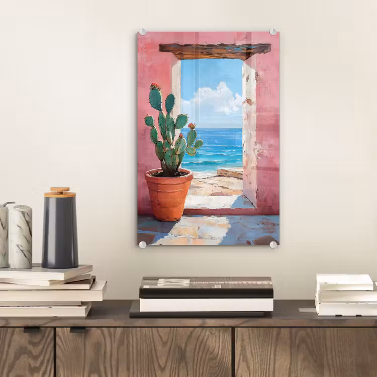 Glas schilderij - Zee - Roze - Cactus — 2