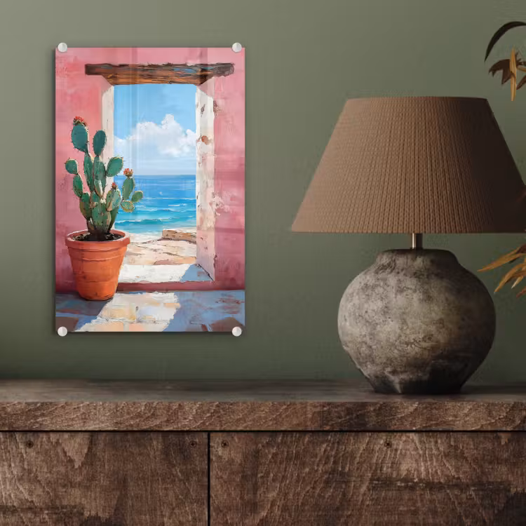 Glas schilderij - Zee - Roze - Cactus — 4