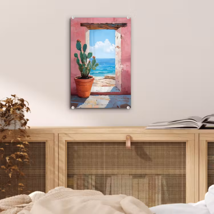 Glas schilderij - Zee - Roze - Cactus — 5