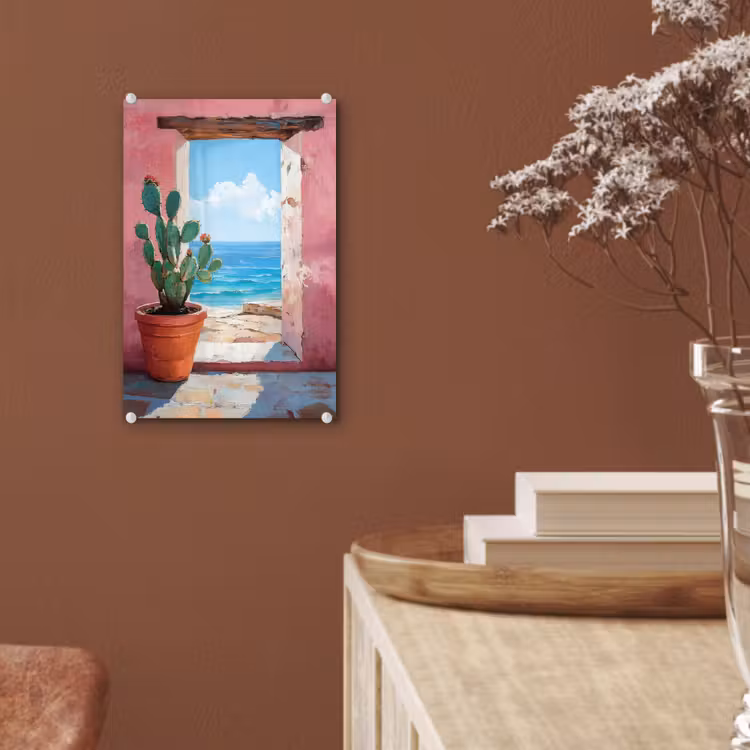 Glas schilderij - Zee - Roze - Cactus — 6