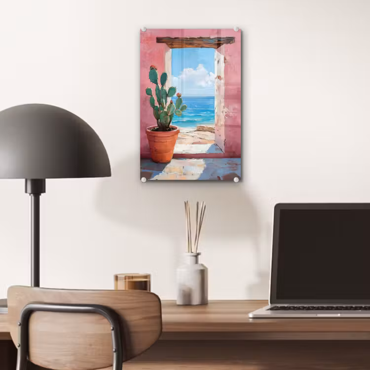 Glas schilderij - Zee - Roze - Cactus — 7