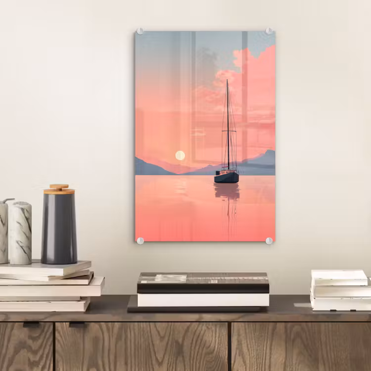 Glas schilderij - Zeilboot - Roze zee - Zonsondergang - Bergen — 2
