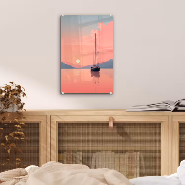 Glas schilderij - Zeilboot - Roze zee - Zonsondergang - Bergen — 5
