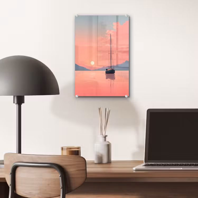 Glas schilderij - Zeilboot - Roze zee - Zonsondergang - Bergen — 7
