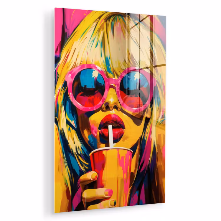 Glas schilderij - Zonnebril - Roze - Vrouw - Rietje — 1