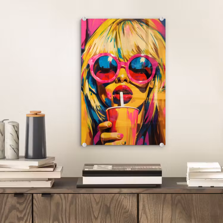 Glas schilderij - Zonnebril - Roze - Vrouw - Rietje — 2