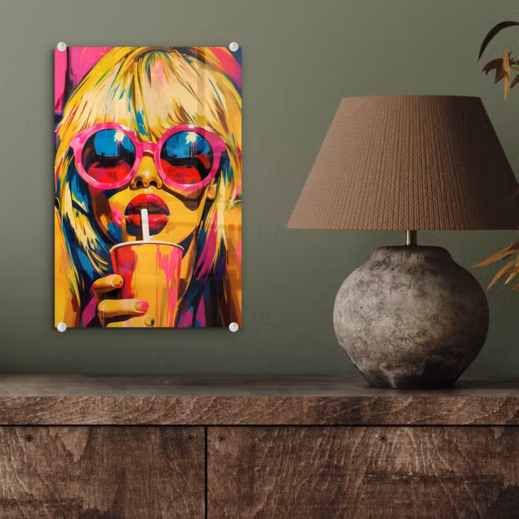 Glas schilderij - Zonnebril - Roze - Vrouw - Rietje — 4