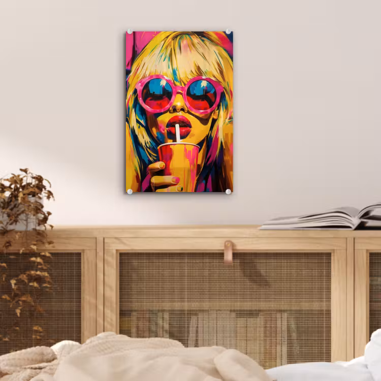 Glas schilderij - Zonnebril - Roze - Vrouw - Rietje — 5