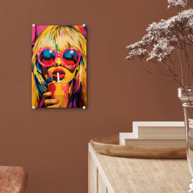 Glas schilderij - Zonnebril - Roze - Vrouw - Rietje — 6