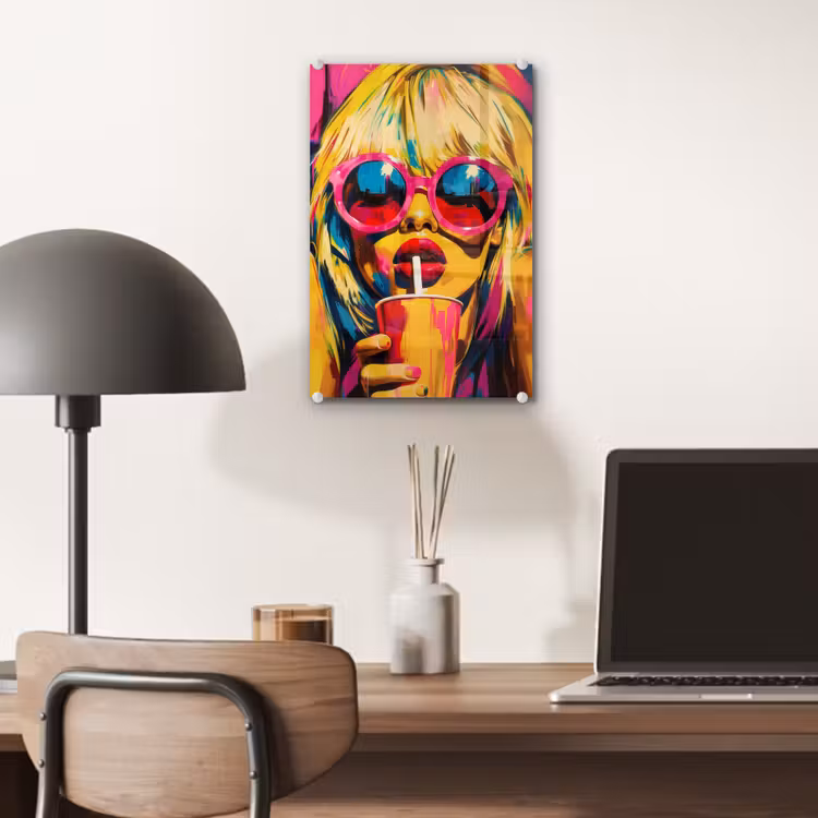 Glas schilderij - Zonnebril - Roze - Vrouw - Rietje — 7