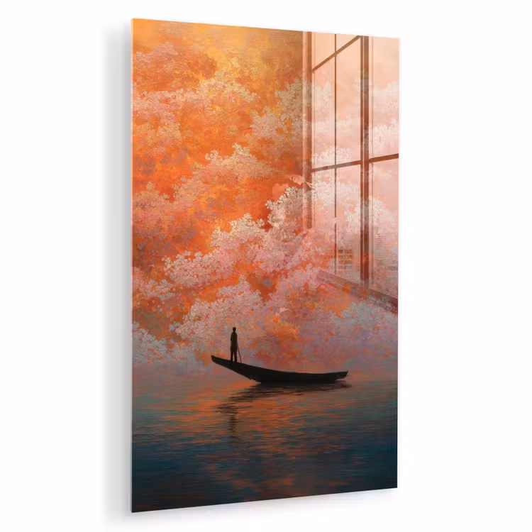 Glas schilderij - Zee - Boot - Wolken - Oranje — 1