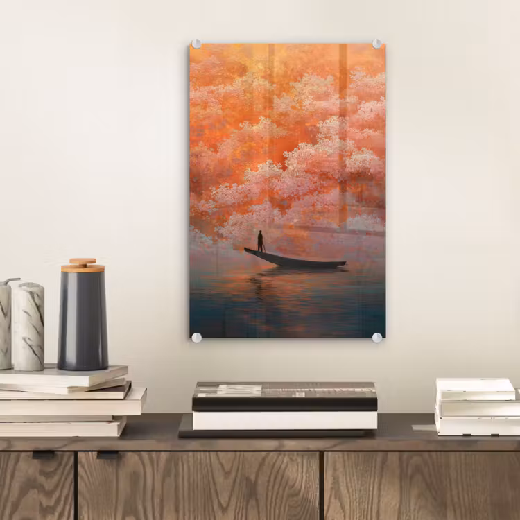 Glas schilderij - Zee - Boot - Wolken - Oranje — 2
