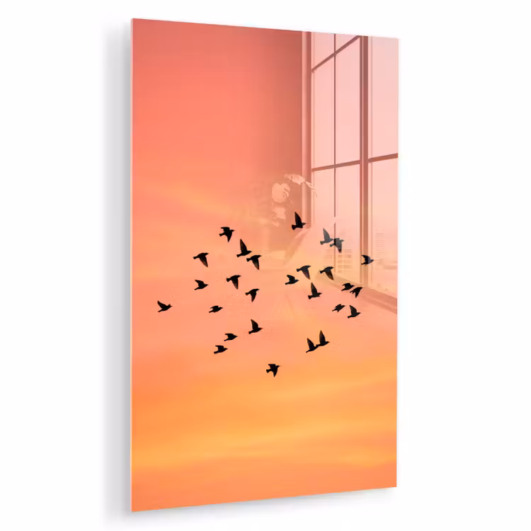 Glas schilderij - Zwerm - Vogels - Oranje — 1