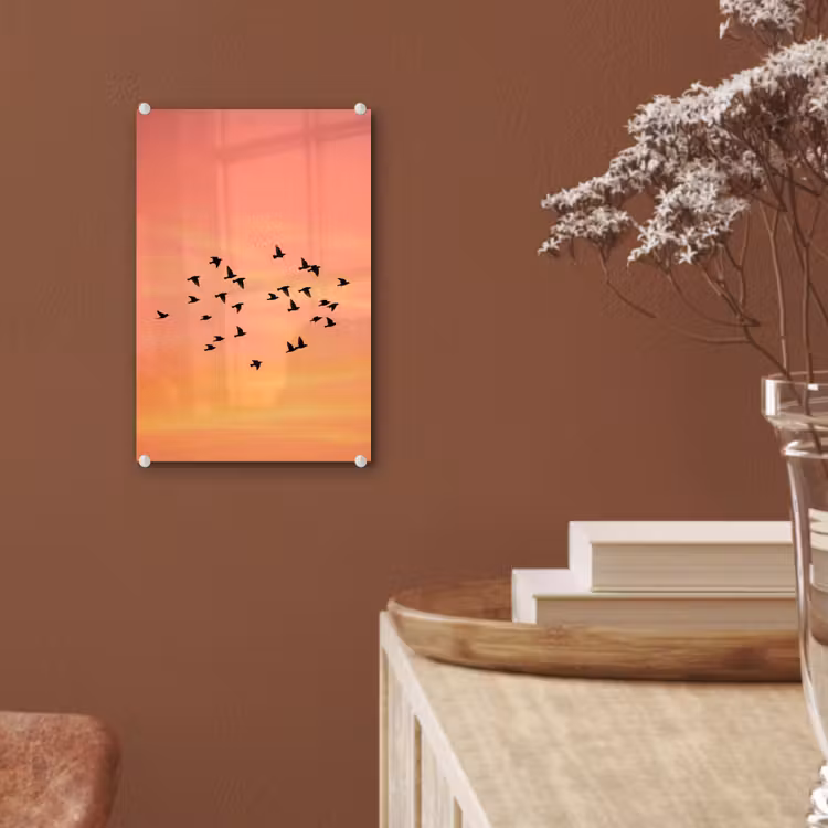 Glas schilderij - Zwerm - Vogels - Oranje — 6