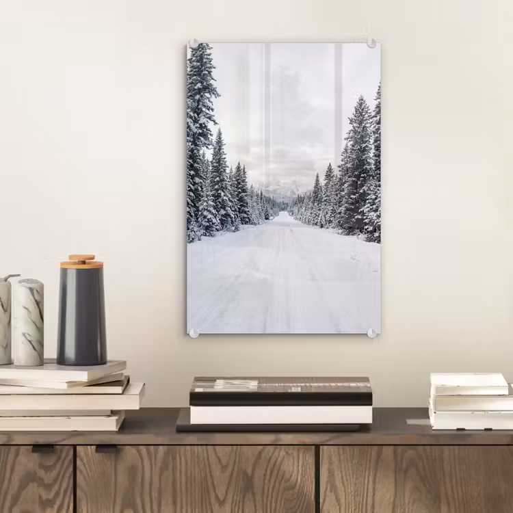 Glas schilderij - Weg - Sneeuw - Naaldbos - Winter - Avontuurlijk — 2