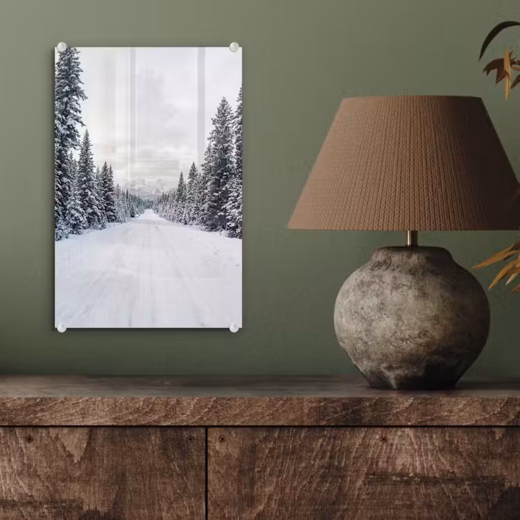 Glas schilderij - Weg - Sneeuw - Naaldbos - Winter - Avontuurlijk — 4