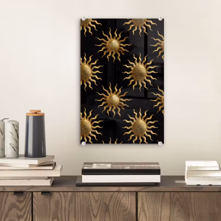 Glas schilderij - Zon - Patroon - Luxe - Goud - Zwart — 2