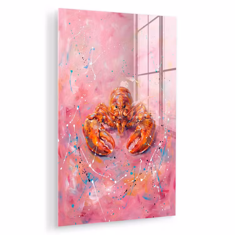 Glas schilderij - Zeeleven - Kreeft - Spatters - Abstract - Roze — 1