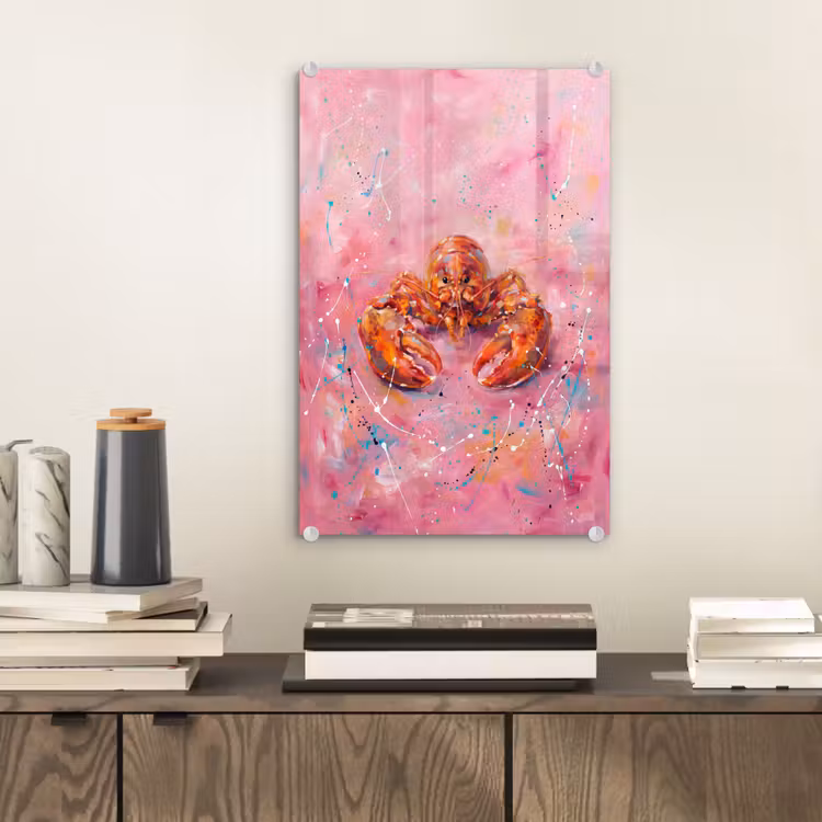 Glas schilderij - Zeeleven - Kreeft - Spatters - Abstract - Roze — 2