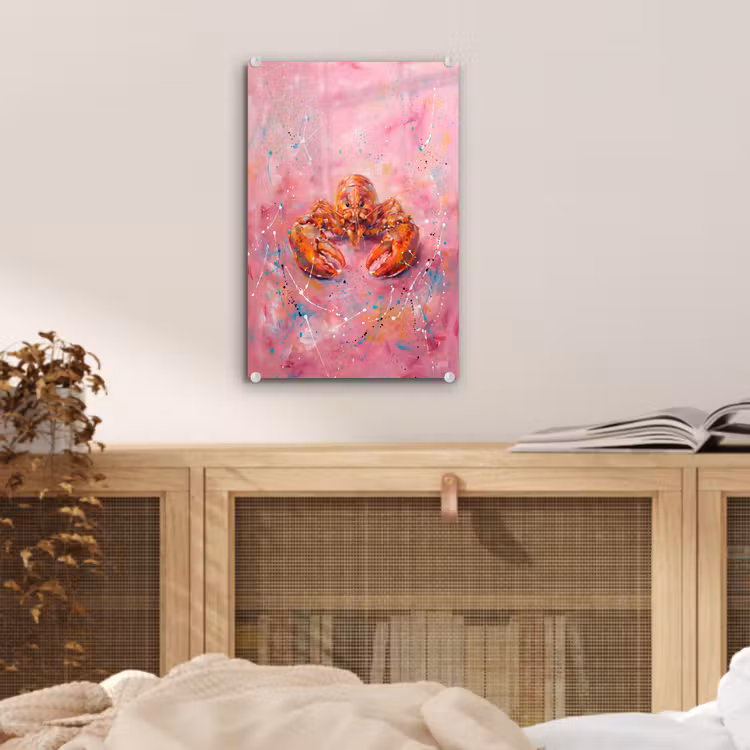Glas schilderij - Zeeleven - Kreeft - Spatters - Abstract - Roze — 5