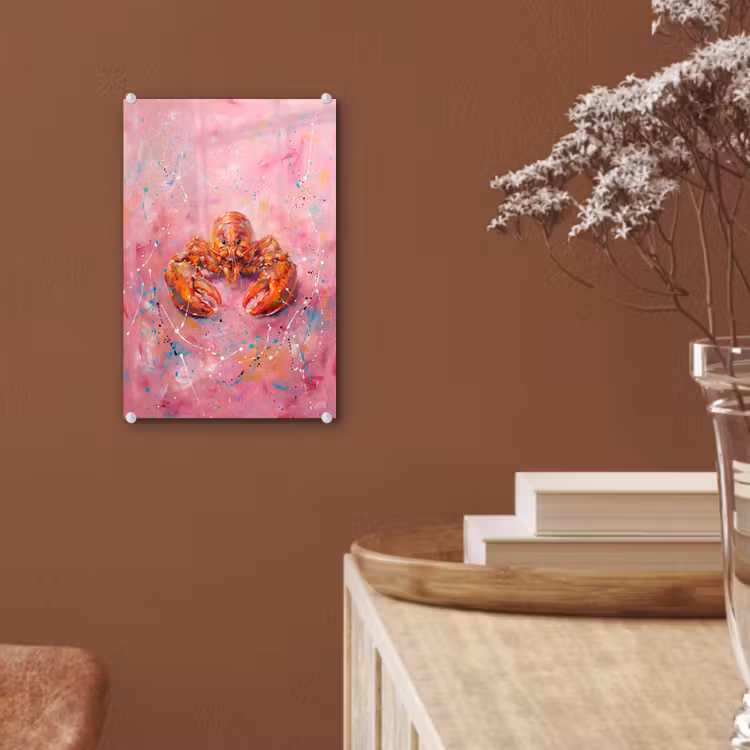 Glas schilderij - Zeeleven - Kreeft - Spatters - Abstract - Roze — 6