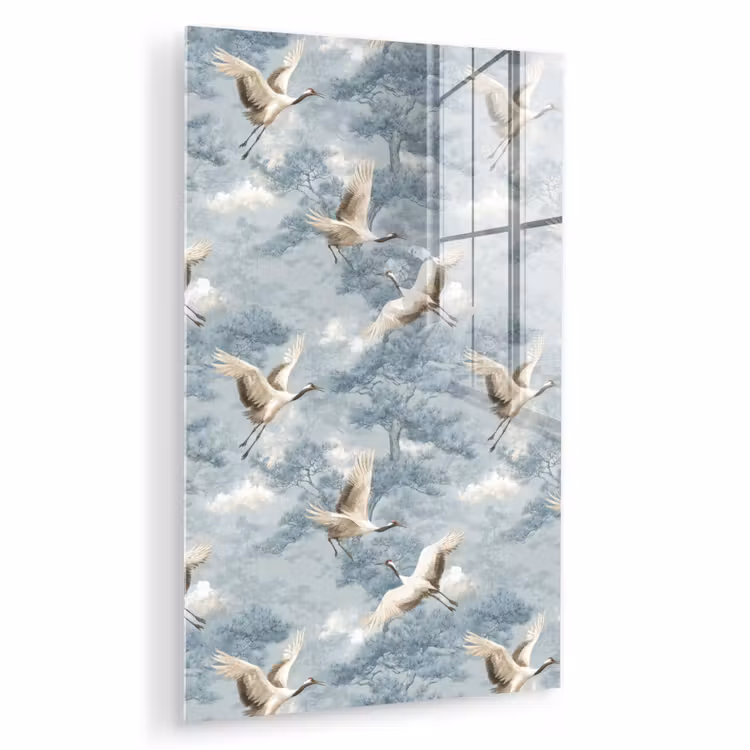 Glas schilderij - Wolken - Kraanvogels - Blauw — 1