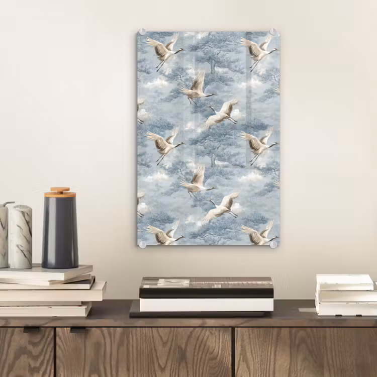 Glas schilderij - Wolken - Kraanvogels - Blauw — 2
