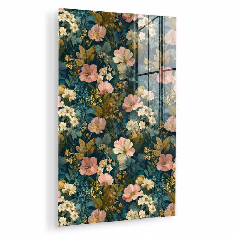 Glas schilderij - Wilde bloemen - Botanisch - Patroon - Roze - Romantisch — 1