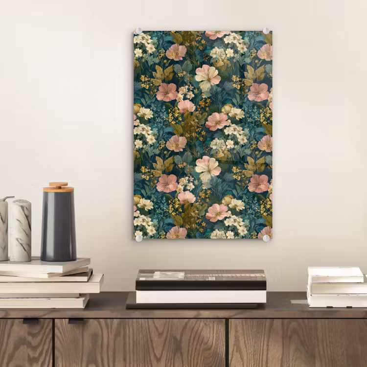 Glas schilderij - Wilde bloemen - Botanisch - Patroon - Roze - Romantisch — 2