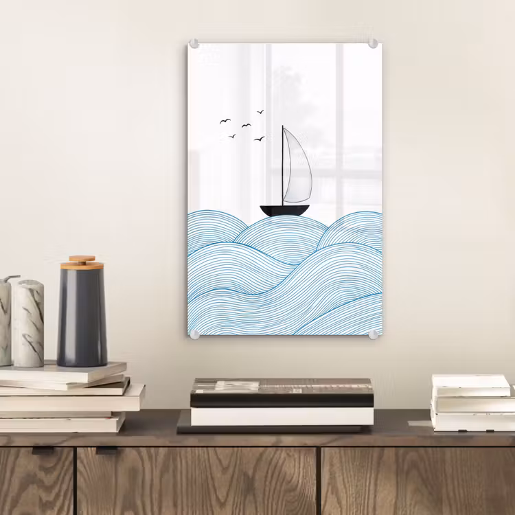 Glas schilderij - Zeilboot - Golven - Zee - Illustratie - Blauw — 2