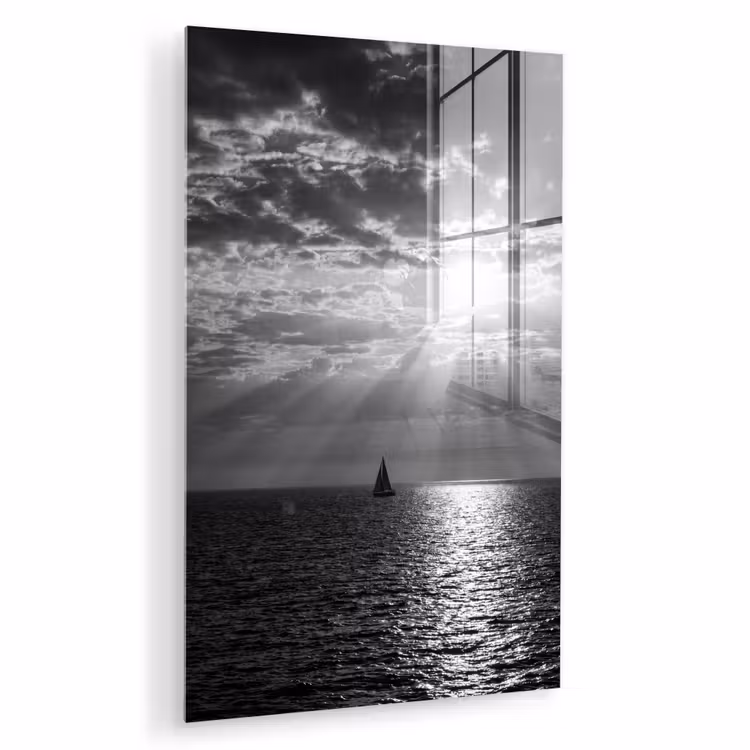 Glas schilderij - Water - Boot - Lucht - Natuur - Zwart-wit — 1