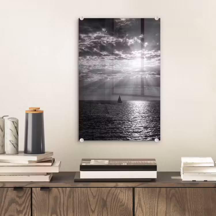 Glas schilderij - Water - Boot - Lucht - Natuur - Zwart-wit — 2