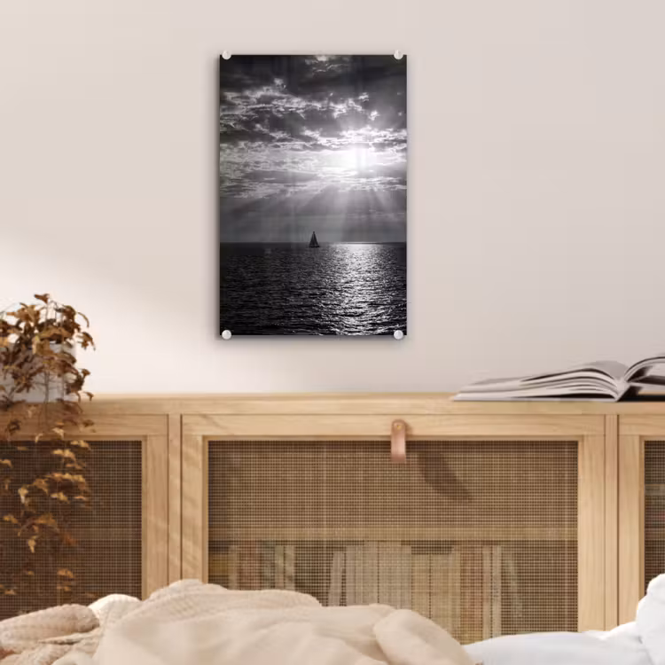 Glas schilderij - Water - Boot - Lucht - Natuur - Zwart-wit — 5