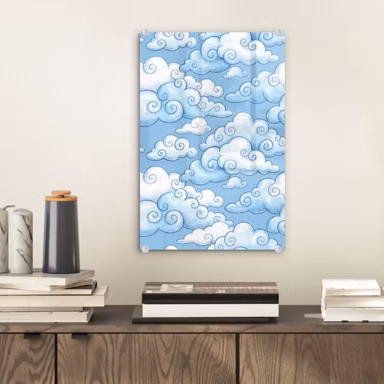 Glas schilderij - Wolken - Patroon - Hemel - Illustratie - Wit — 2
