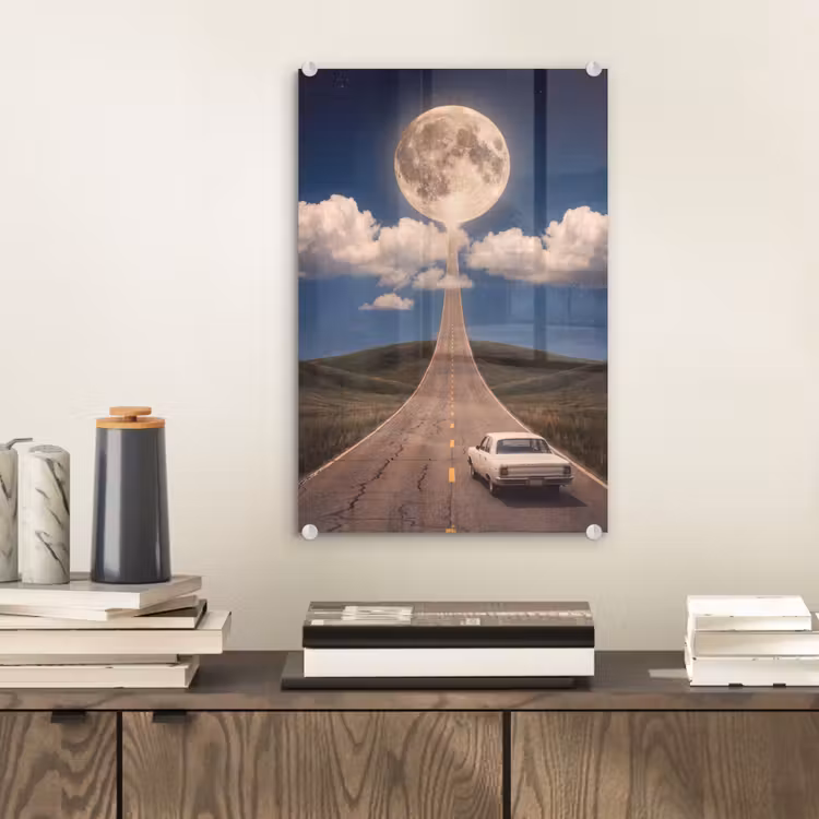 Glas schilderij - Weg - Maan - Nacht — 2