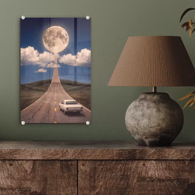 Glas schilderij - Weg - Maan - Nacht — 4