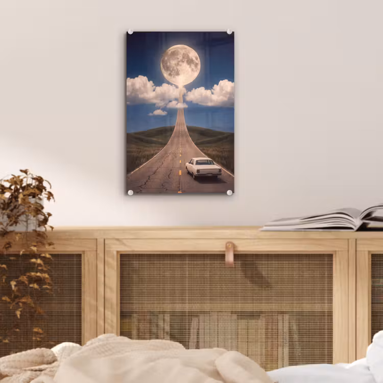 Glas schilderij - Weg - Maan - Nacht — 5