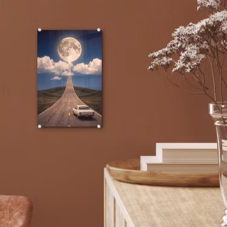 Glas schilderij - Weg - Maan - Nacht — 6